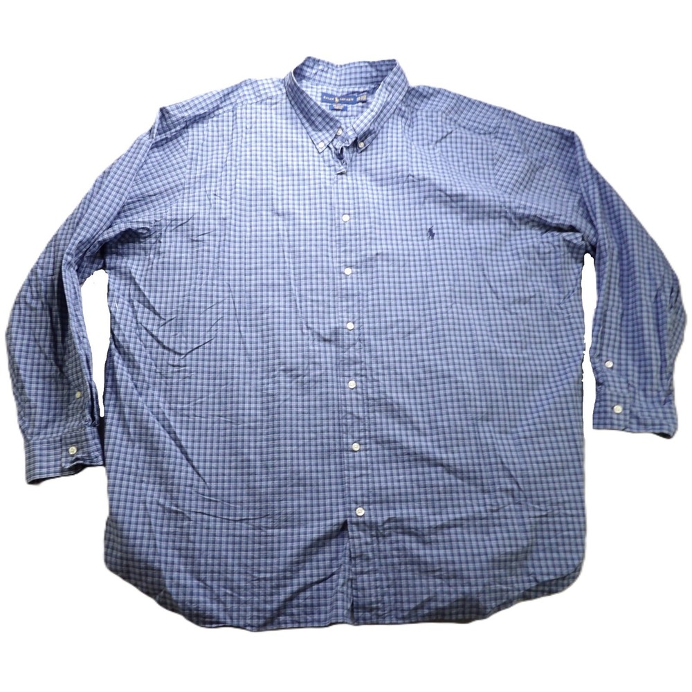 Ralph Lauren Men 4XB Big Blue Plaid Long Sleeve LS Button Down Shirt 100% Cotton